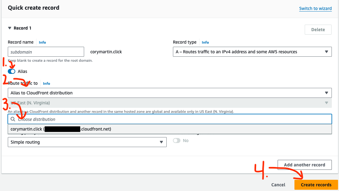 Image of the Quick create record screen, highlighting the 4 steps outlined above