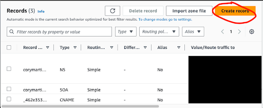 Image of the Route 53 console with the Create Record button circled